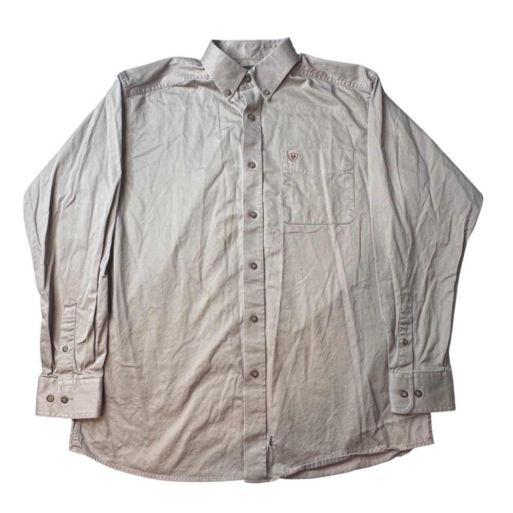 Ariat Shirt Mens L‎ Tan Button Down Cotton Twill Western Workwear Hole Stain